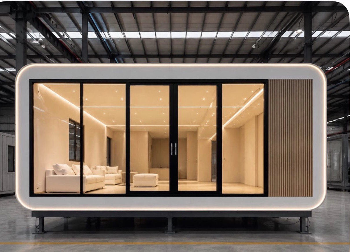 Casa modular blanca con listones de madera, ventanal frontal y sofá interior
