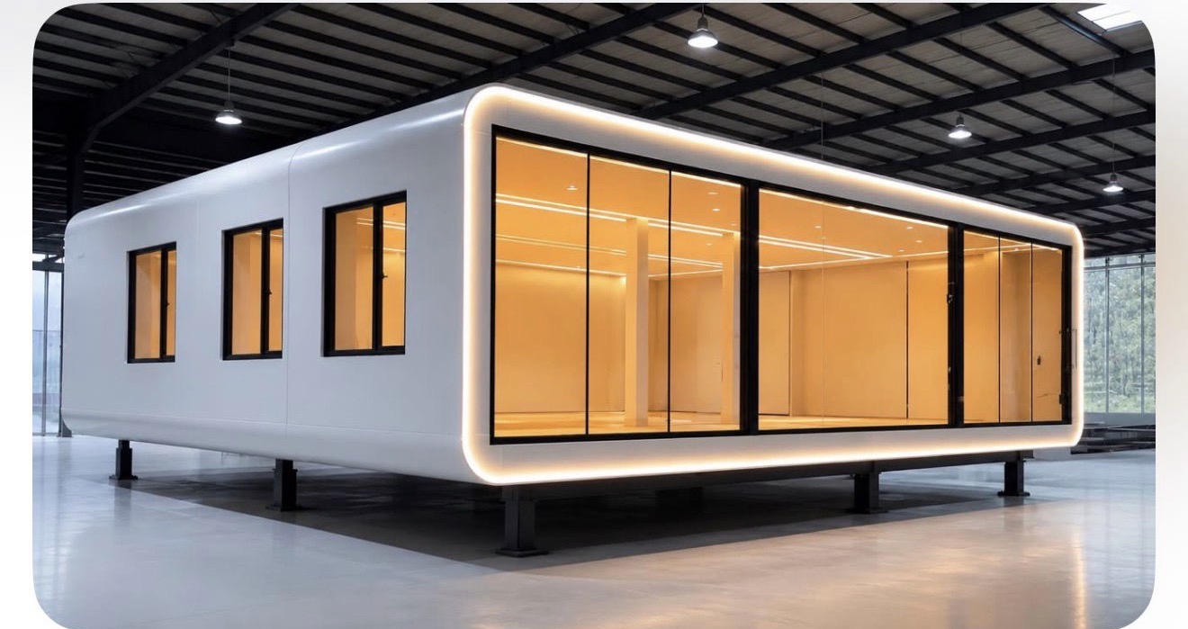 Casa modular blanca elevada con ventanales panorámicos e iluminación cálida